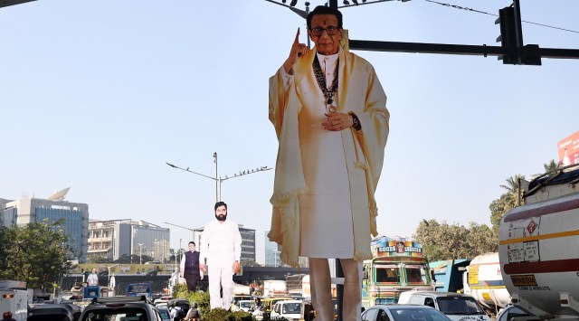 Huge lifesize cutouts late Balasaheb Thackeray have come up near the Kalanagar Signal in Bandra east.
(Express Photo by Amit Chakravarty)