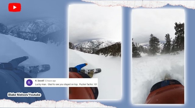 man slides through snow, man gets caught in avalanche, terrifying video, snowboarder in avalanche, us, utah, indian express