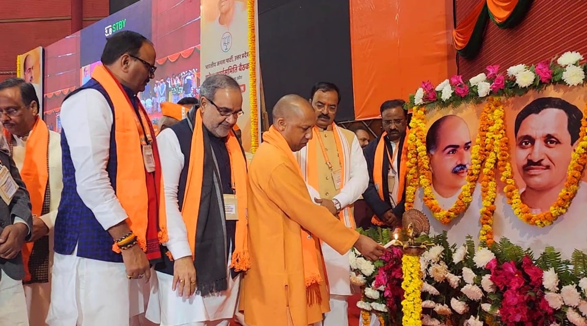 CM Yogi Adityanath, UP BJP chief  Bhupendra Singh Chaudhary, Deputy CMs Keshav Prasad Maurya & Brajesh Pathak, and minister Swatantra Dev Singh at the BJP meet on Sunday.  (Express Photo)