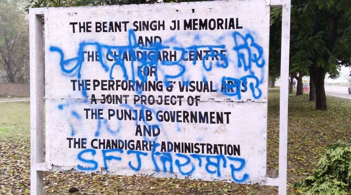 The hailing slogans of banned organizatin SFJ (Sikh For Justice) were also depicted on the signboard. (Express Photo) 