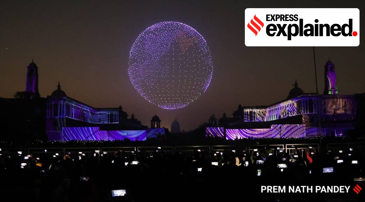 Drone show displaying a circular formation during full dress rehearsal for the Beating Retreat ceremony at Vijay Chowk in New Delhi, January 28, 2023.