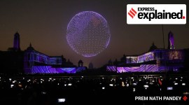 Drone show displaying a circular formation during full dress rehearsal for the Beating Retreat ceremony at Vijay Chowk in New Delhi, January 28, 2023.