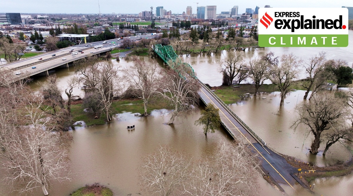 Rains submerged roads and trees in California, USA.