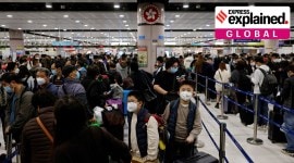 Travellers queue up at Hong Kong's Lok Ma Chau border checkpoint on the first day China reopens the border amid the COVID-19 pandemic in Hong Kong