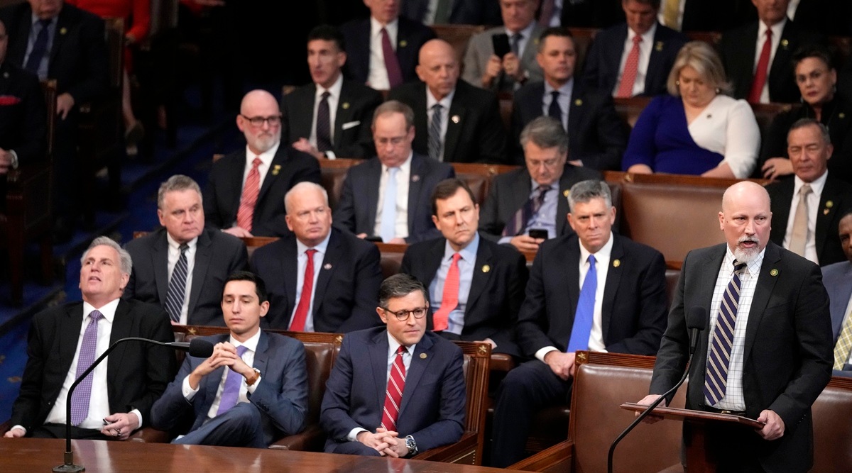 
Rep. Kevin McCarthy, R-California, left, listens as Rep. Chip Roy, R-Texas, nominates Rep. Byron Donalds, R-Florida, in the House chamber as the House meets for a second day to elect a speaker and convene the 118th Congress in Washington, Jan. 4, 2023. (AP)