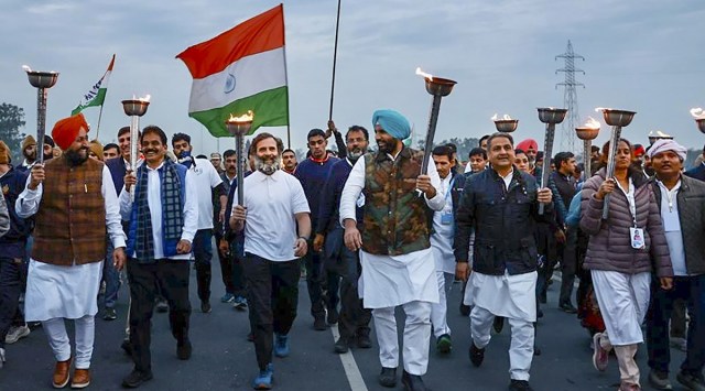 Congress leader Rahul Gandhi with supporters during Bharat Jodo Yatra at Lakhanpur border in J&K on Thursday. (PTI)

