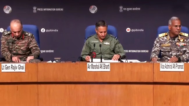 Director General of Military Operations (DGMO) Lt General Rajiv Ghai with Air Marshal AK Bharti and Vice Admiral AN Pramod during a press conference on 'Operation Sindoor', in New Delhi.