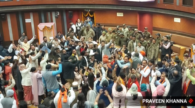 Ruckus between councilors of AAP and BJP during the mayoral polls in Delhi on Friday. (Express Photo: Praveen Khanna)