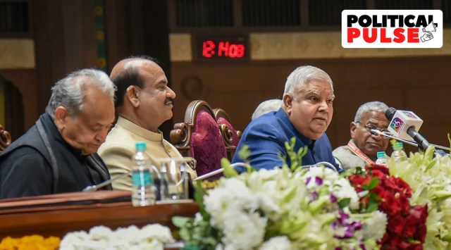 Vice President Jagdeep Dhankhar with Lok Sabha Speaker Om Birla, Rajasthan Chief Minister Ashok Gehlot and Rajya Sabha Dy. Chairman HN Singh at the 83rd All India Presiding Officers' Conference in Jaipur. (PTI)
