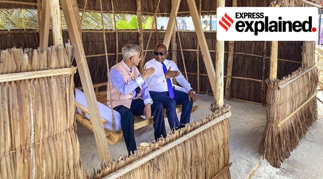 External Affairs Minister S Jaishankar with his Maldives counterpart Abdulla Shahid, at Manadhoo. (PTI)