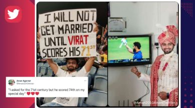 Fan who held banner about not getting married till Virat Kohli hits 71st hundred receives ‘special gift’ on wedding, Virat Kohli, ODI centuries, Aman Agarwal, India v Sri Lanka, century, hundred, India cricket, viral, trending, Twitter, Indian Express
