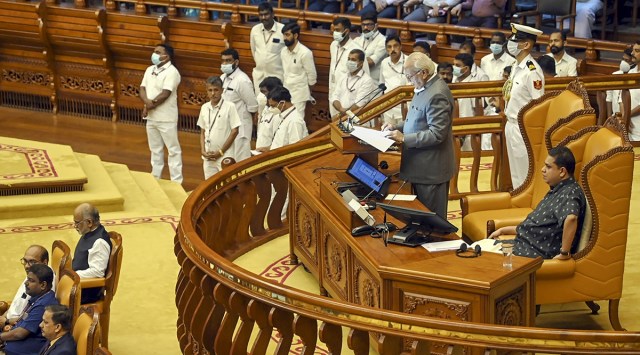 Governor Arif Mohammed Khan in Kerala Assembly on Monday. Speaker A N Shamseer is also seen. (PTI)
