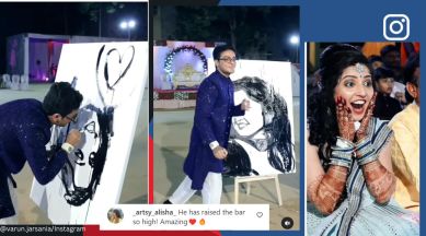 Groom surprises bride with an impromptu portrait at their wedding, artist, portrait of wife, groom surprises wife, Indian wedding, couple, viral, trending, Indian Express