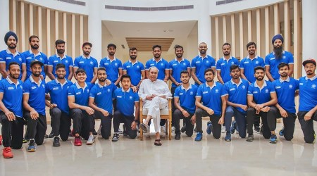 Odisha Chief Minister Naveen Patnaik during his interaction with Indian men's hockey team, ahead of the FIH Men's Hockey World Cup 2023, at Birsa Munda Hockey Stadium in Rourkela. (PTI)