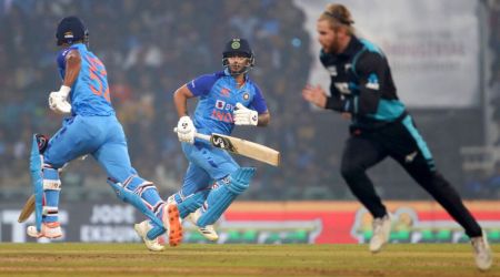 India's Ishan Kishan, center, and Rahul Tripathi, left, run between the wickets to score during the second T20 international cricket match between India and New Zealand in Lucknow, India, Sunday, Jan. 29, 2023. (AP Photo/Surjeet Yadav)
