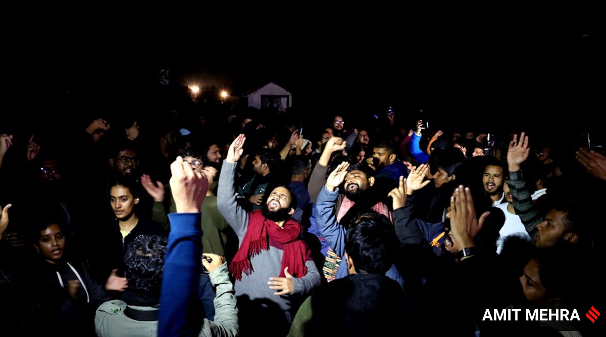 On Tuesday night, high drama ensued when students tried to screen the BBC documentary, India: The Modi Question, on JNU campus. (Express Photo: Amit Mehra)