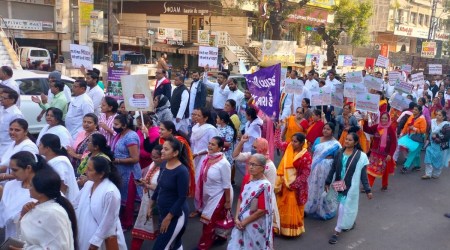 Jain community in Rajkot took out a protest demanding action against those involved in the vandalism of a temple near Palitana in November last year. (Express photo)