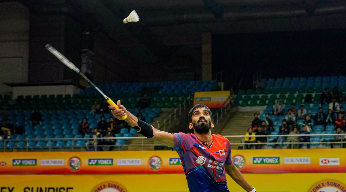 Kidambi Srikanth returns a shot to Viktor Axelsen during the men’s singles of Yonex-Sunrise India Open 2023. (PTI)