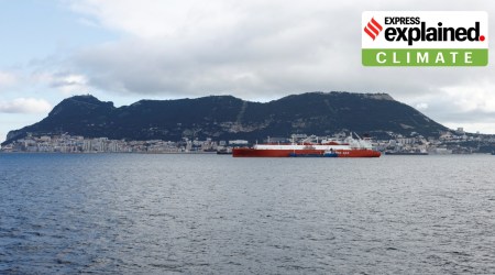 LNG Tanker Rias Baixas Knutsen and the Bunkering Tanker Hercules 400 are seen anchored in front of the Rock of Gibraltar