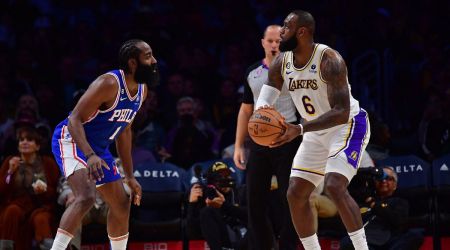 Los Angeles Lakers forward LeBron James (6) controls the ball against Philadelphia 76ers guard James Harden (1) during the first half at Crypto.com Arena. (USA Today)