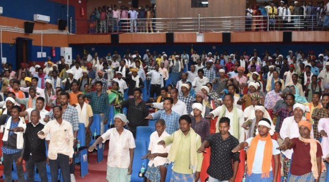 Leaders of 68 villages in Narayanpur district of Chhattisgarh take a pledge against violence on Monday. Express 