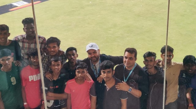MCA president Amol Kale with the cricketers at Wankhede Stadium. (Express Photo)