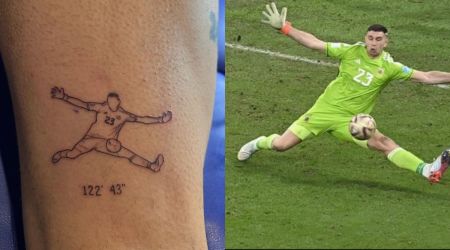 Papu Gomez tatto of Emi Martinez on the left. (Screengrab). Martinez's final minutes save in the World Cup final on the left. (Twitter)