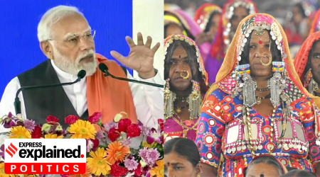 PM Modi during a speech in Karnataka, left, women of the Banjara community on the right.