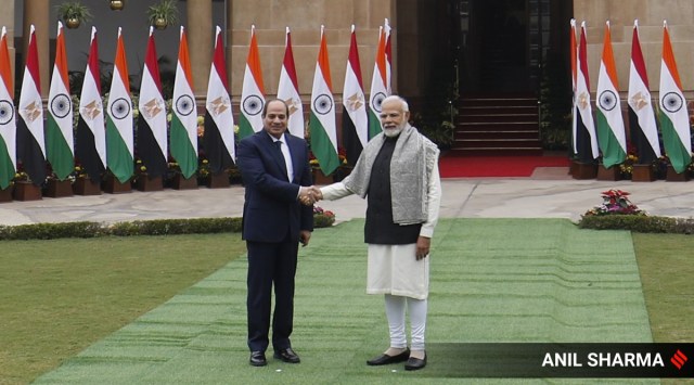 Prime Minister Narendra Modi with Egyptian President Abdel Fattah El-Sisi before meeting at Hyderabad House in New Delhi on Wednesday. (Express photo by Anil Sharma)