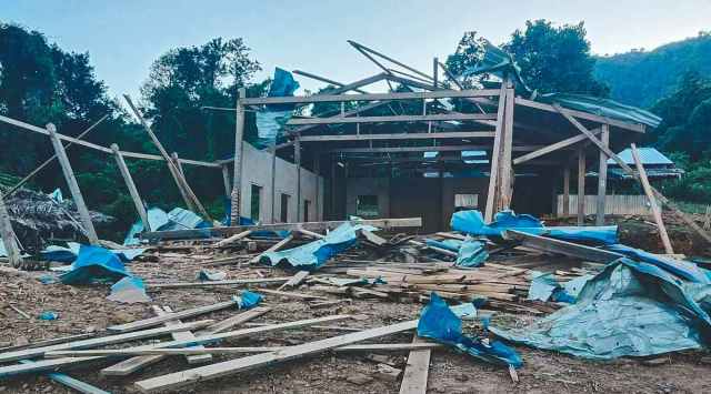 Homes are destroyed by suspected military air strikes in the district of  Mutraw, also known as Papun, in eastern Myanmar's Karen State, Friday, Jan. 13, 2023. Air strikes this week by Myanmar's military on villages inhabited largely by the Karen ethnic minority killed a number of civilians, and destroyed two churches, two relief organizations said Friday. (Photo: Karen Human Rights Group via AP)