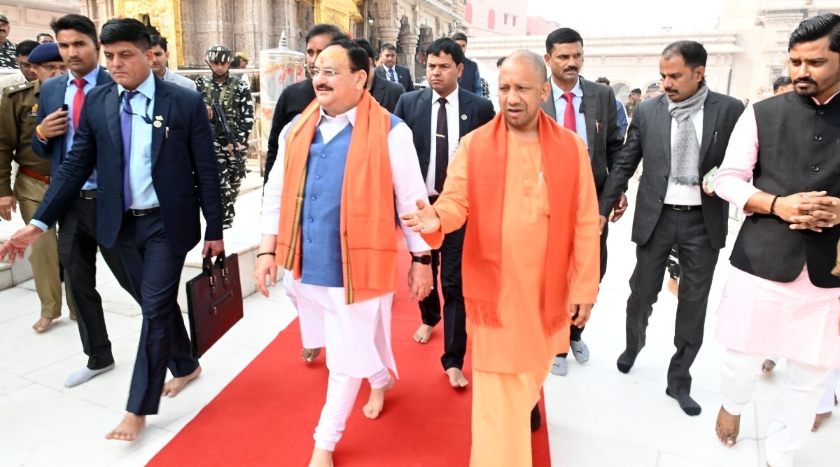 BJP national president JP Nadda and Chief Minister Yogi Adityanath at Baba Vishwanath temple in Varanasi on Friday. Express