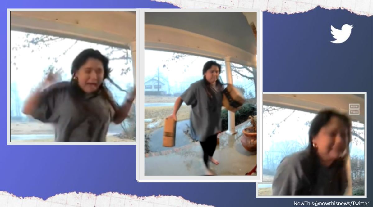 lightning strike, woman terrified by lightning strike, woman screams during lightning strike , funny video, indian express