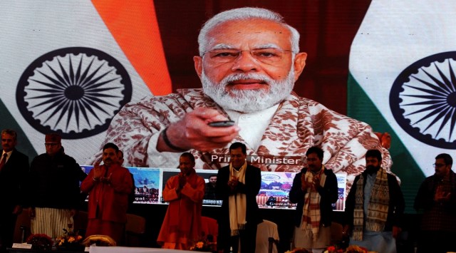 





Prime Minister Narendra Modi flags off the river cruise from Varanasi to Dibrugarh via video conference, Friday. (Express Photo by Anand Singh)