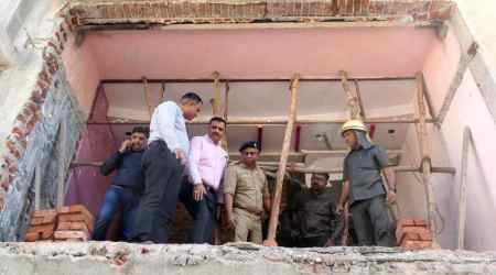 At the site of the accident, in Laskhmivadi area, in Rajkot on Sunday. (Express photo)