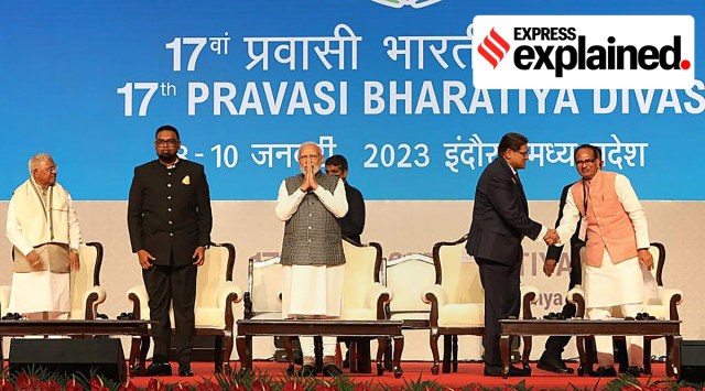PM Modi flanked by Presidents Mohamed Irfaan Ali of Guyana (left), and Chandrikapersad Santokhi of Suriname, with Madhya Pradesh Governor Mangubhai C. Patel (far left) and CM Shivraj Singh Chouhan in Indore. (PTI)