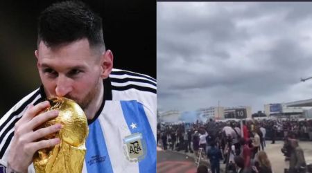 Lionel Messi on the left. (AP) and PSG fans greet Messi at the Paris airport on right. (Screengrab)