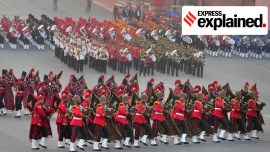 Tri-services bands perform during full dress rehearsal for the Beating Retreat ceremony, at Vijay Chowk in New Delhi.