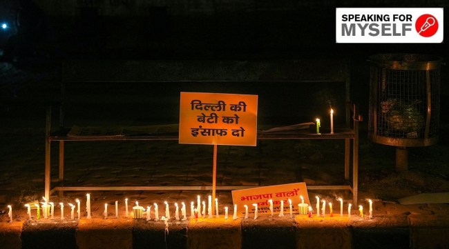 Candles lit by AAP activists during a march demanding justice for Anjali Singh at Jantar Mantar in New Delhi, January 4, 2023. (PTI)