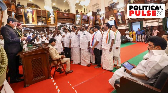 MLAs belonging to the allies of the ruling government raise slogans against Tamil Nadu Governor R. N. Ravi at the first session of the year of Tamil Nadu Assembly. CM MK Stalin is also seen. (PTI)
