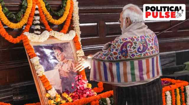 Prime Minister Narendra Modi pays floral tribute to Netaji Subhas Chandra Bose on his 126th birth anniversary, at the Central Hall of Parliament House, in New Delhi, Monday, Jan. 23, 2023. (PTI Photo/Manvender Vashist Lav)