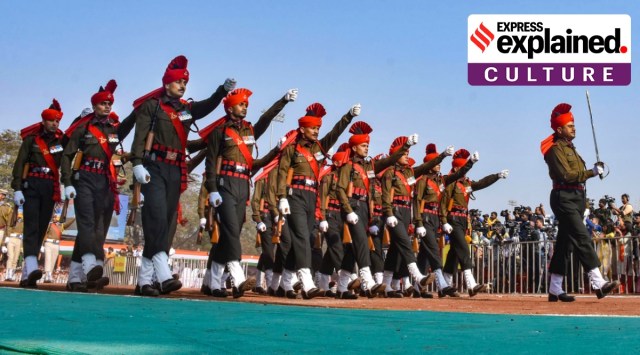 Men in the security forces marching in a Republic Day parade