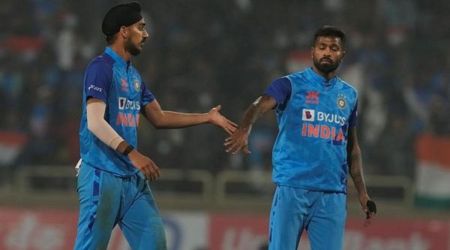 India's captain Hardik Pandya, right, and Arshdeep Singh celebrates wicket of New Zealand's Devon Conway during the first Twenty20 cricket match between between India and New Zealand in Ranchi, India, Friday, Jan. 27, 2023. (AP Photo/Bikas Das)