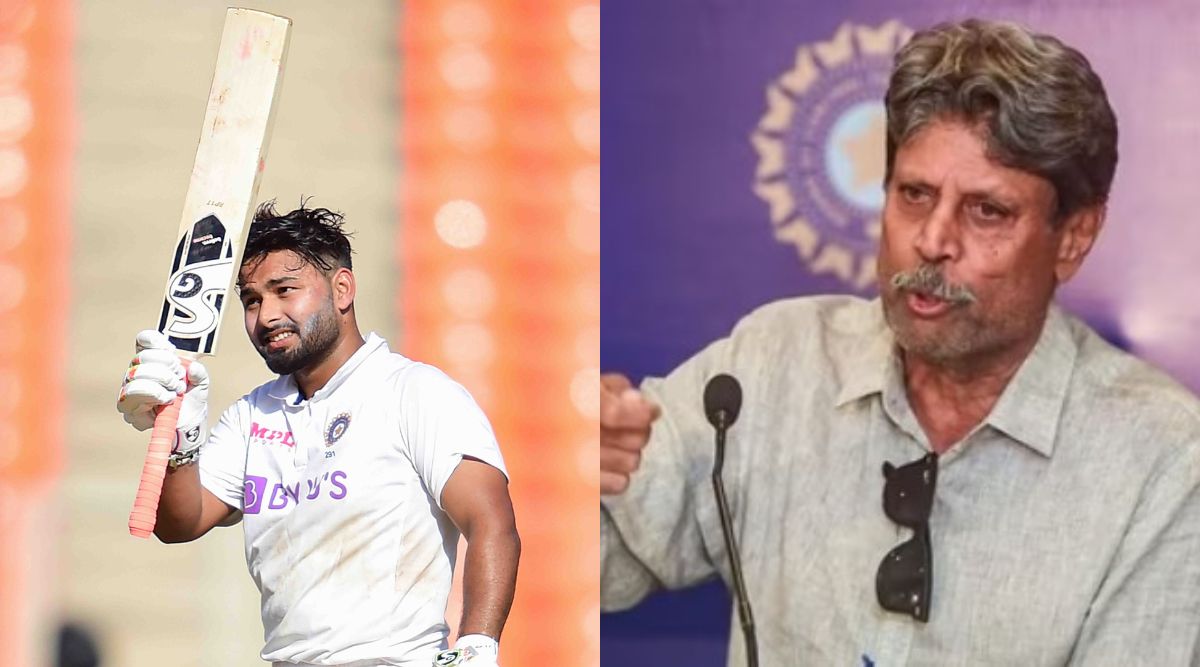(Left) Rishabh Pant after scoring a Test century against England in March 2021, (right) Kapil Dev during a media event. (PTI)