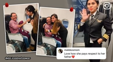 Pilot touches her father’s feet before flying plane, airplane, airline, pilot toucher father's feet, Capt Krutadnya Hale, heartwarming, viral, trending, Instagram, Indian Express