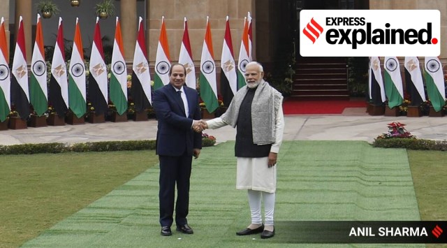 Prime Minister Narendra Modi with Egyptian President Abdel Fattah El-Sisi before meeting at Hyderabad House in New Delhi on Wednesday. (Express photo by Anil Sharma)

