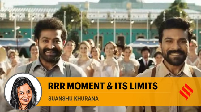 Ram Charan and Jr NTR in a still from RRR song Naatu Naatu.