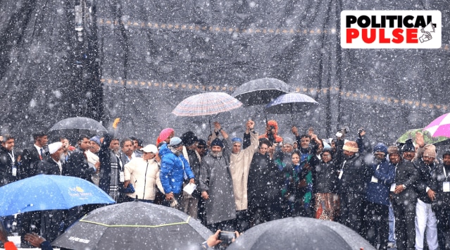 Congress leader Rahul Gandhi and other senior party leaders during a public rally to mark the end of the Bharat Jodo Yatra. (Express photo by Shuaib Masoodi)