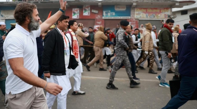 Congress leader Rahul Gandhi with other leaders and supporters during the Bharat Jodo Yatra in Baghpat district, Wednesday morning, Jan. 4, 2023. (PTI Photo)   