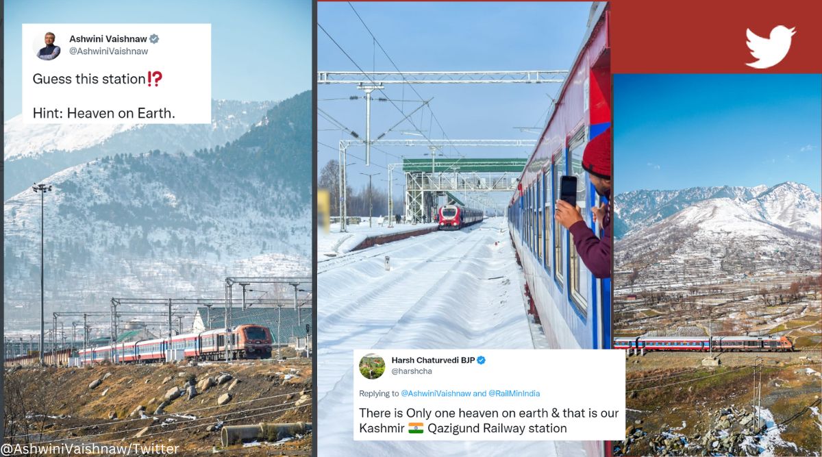 Railway Minister Ashwini Vaishnaw shares incredible photos of train moving amid snow-clad mountains in background, snow-clad mountains, Kashmir, Qazigund Station in Kashmir Valley, Indian railways, train, travel, viral, trending, Indian Express