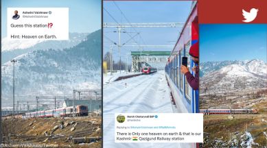 Railway Minister Ashwini Vaishnaw shares incredible photos of train moving amid snow-clad mountains in background, snow-clad mountains, Kashmir, Qazigund Station in Kashmir Valley, Indian railways, train, travel, viral, trending, Indian Express